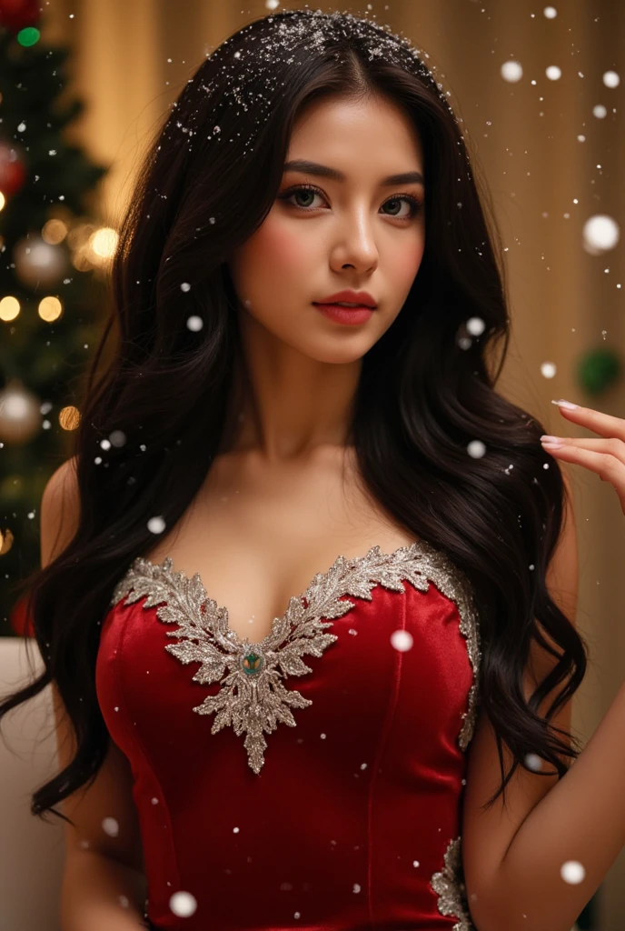 zhao lusi, long hair, passionate, (extremely detailed beautiful face), (Beautiful girl in a princess dress:1.5), (lace dress:1.4), Amazing face and eyes, (The sexiest look), (Best Quality:1.4), (hyper quality), (Ultra-detailed), (extremely detailed CG unified 8k wallpaper), Highly detailed, RAW Photos, Professional Photography, sitting, (A luxurious living room (golden chairs, golden ornaments, dazzling brilliance:1.2), luxurious, gorgeous, secret, sexy shot, Magnificent, great, transcendental scale, Feeling of freedom, exposing, christmas tree, Christmas illuminations, Christmas lighting, christmas ornaments,