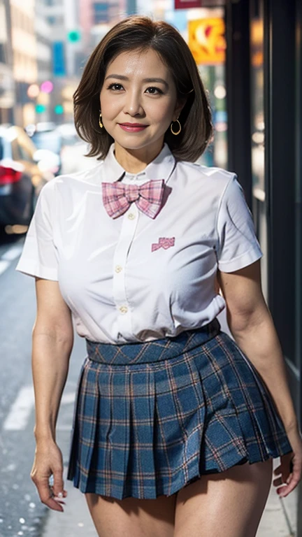 full body shot, from below,  Japanese woman with a viewing angle of, Wife, (78 years old:1.6),  detailed face , Facial wrinkles, Wrinkles around the eyes, smile,  detailed skin texture,  white skin,  heavy makeup ,  long hair, (curvy body, saggy breasts), (earrings, school uniform, short sleeve shirt, summer style with light fabric, bow tie, pink mini skirt, plaid pleated mini skirt:1.2), ( wearing high heels:1.2), ( sidewalk,  photograph the whole body from toe to head:1.2), (surrealism, best quality, ultra detailed, absolutely resolution, 8k, anatomically correct), depth of field, looking at viewer, tachi-e, (gal.safetensors), (bimajo ), full body 