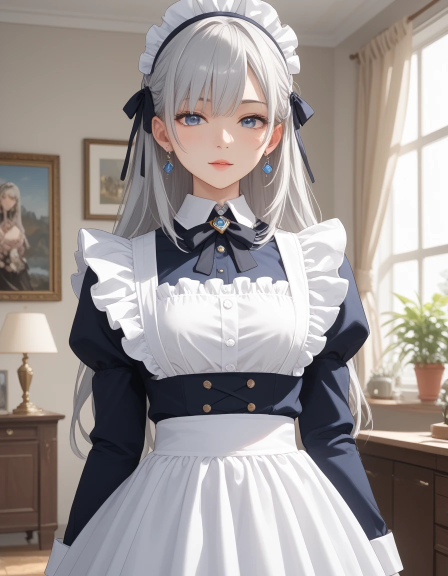  1 girl、Silver Haired Girl、（Detailed anatomical features、anime スタイル:1.2）、（ top quality、4K、8k、 high definition 、masterpiece:1.2）、 super detailed 、Stunning lighting、Soft colors、 pubic skin、anime、anime スタイル、Maid、Maid衣装、 enchantment、 Long Sleeve 、