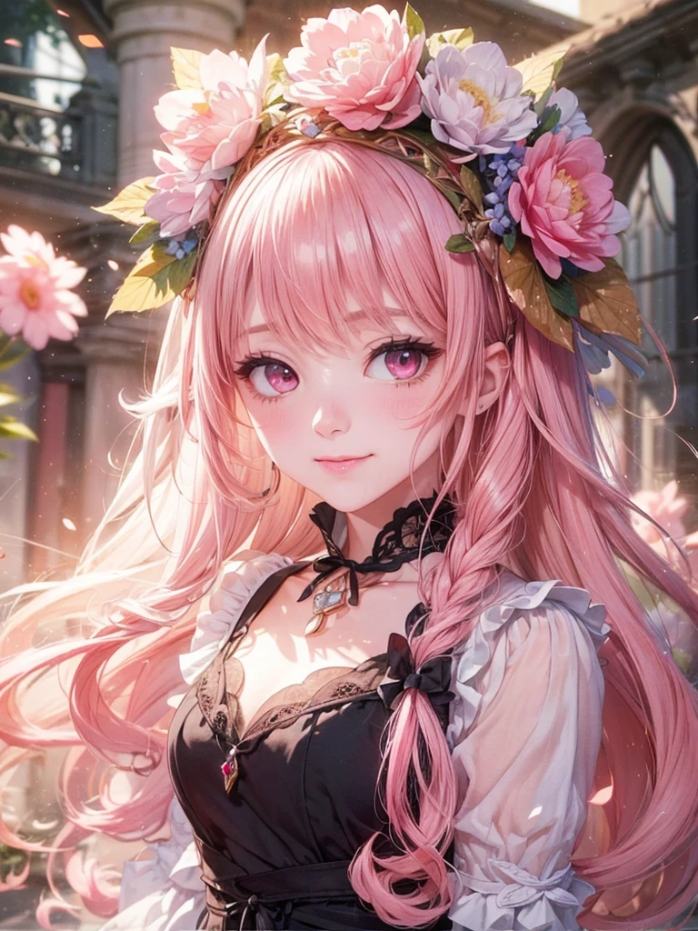 (​masterpiece、top-quality:1.2)、1girl in、(Domaudmar:1.5)、A smile、(masuter piece:1.3),exquisitedetails, Highest quality 8K resolution, Ultra-detailed, Realistic, Vibrant colors, Soft tones, With warm and gentle lighting,(Beautiful Gothic Black Dress, Pretty Pink Ribbon, Beautiful frills:1.2) early evening、Big sunset、Rhino Necklace,(Smooth straight pink hair:1.2),(Hair parted in the middle:1.2),(Glowing hair),(dark pink eyes:1.3),White skin, hair clips,With an overflowing soft and gentle feeling, Visible emotions and specific emotions, I want to believe,The promenade is full of flowers, Create colorful reflections.The sun's rays illuminate joy and pure love, Warm golden glow,Blessings from God, The atmosphere is full of happiness and laughter, It's like heaven、As if celebrating love. The artwork is、Create a combination of digital illustrations and photos, Sticking to ultra-detailed depictions and vivid colors. In a style that blends romanticism and realism、You can feel the depth of love,color palettes,Create an ethereal atmosphere like a dream,and the lighting is soft and diffused, Shine a gentle light on your face,The artwork is a masterpiece,