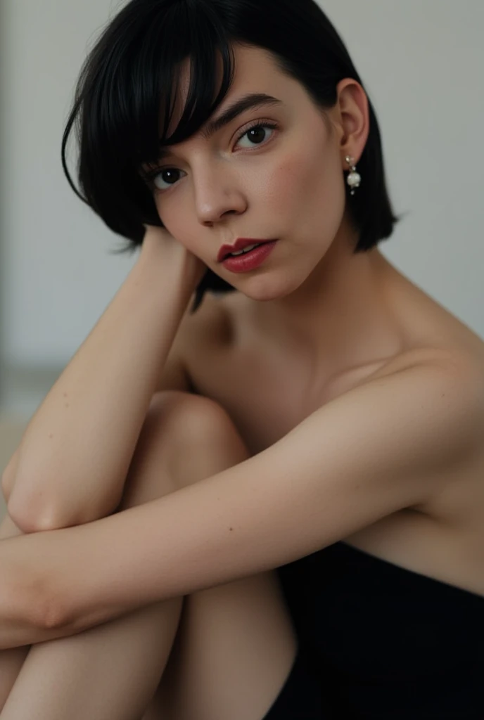 Anya Taylor joy, sitting, black short hair, detailed face, black strapless dress, black fights, hair over one eye, one arm on a knee and head, seductive