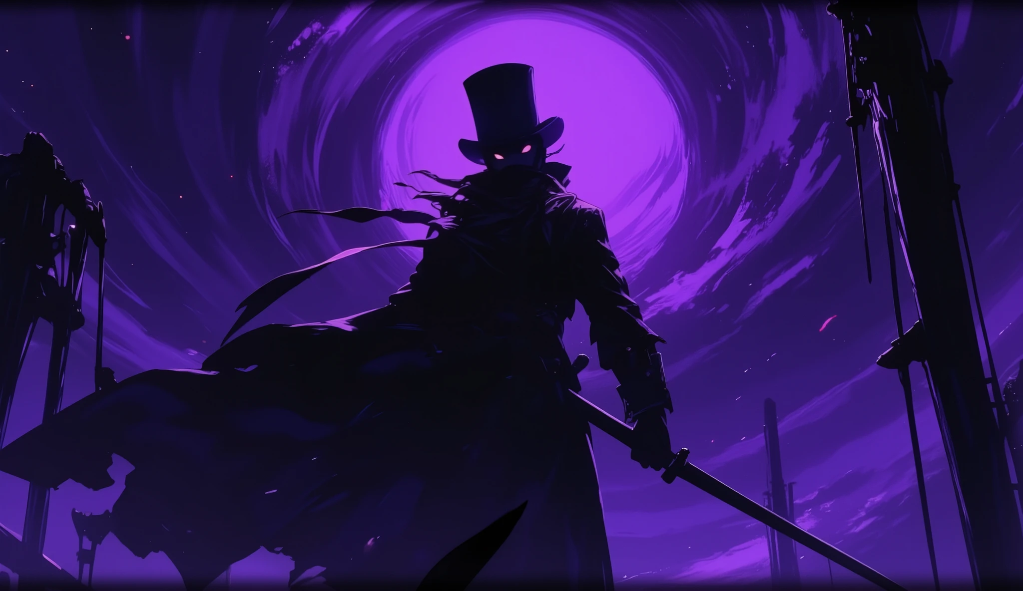  an anime-style scene with a top hat and a man in a top hat holding a sword, dark atmosphere illustration , Background Artwork,  purple space in the background , A quiet night. Digital Illustration,  dark night environment ,  conceptual art  stunning atmosphere, Background Art, Game Art,  conceptual art  for a video game, dark high-contrast  conceptual art ,   Dramatic Lighting  .  conceptual art 