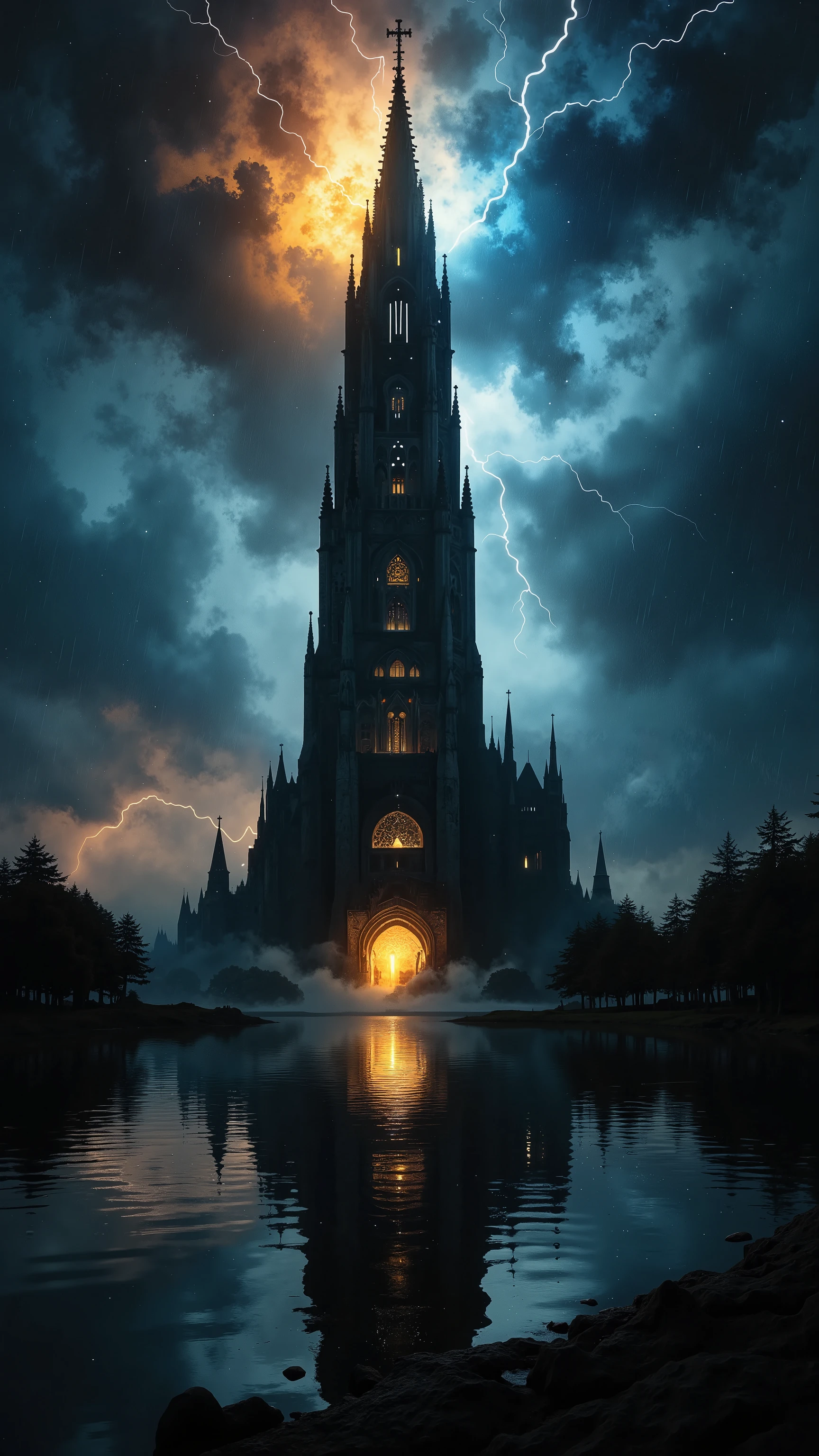 Create a photorealistic and atmospheric scene featuring an immensely tall gothic-style black rock skyscraper, rising dramatically near the edge of a calm city lake on a stormy night. The tower, as high as the tallest structures in the world, dominates the skyline with its soaring spires, pointed arches, and intricate stone carvings etched into its dark, weathered black rock surface. Its colossal form stretches endlessly into the stormy sky, almost disappearing into the swirling clouds. Despite its shadowy facade, scattered artificial lights—warm yellows, icy blues, and faint purples—glow softly from windows and narrow openings, creating an otherworldly contrast against the darkness.

The lake in the foreground mirrors the tower’s overwhelming scale and glowing lights. Its reflection shimmers on the water’s surface, slightly distorted by subtle ripples caused by falling raindrops. Occasional lightning bolts streak across the sky, briefly illuminating the intricate gothic details—sharp spires, gargoyles perched high above, and delicate tracery carved into the black stone—while casting dramatic highlights and shadows that emphasize the tower’s immense verticality.

The stormy weather amplifies the scene’s tension, with dense, churning clouds in dark grays and deep blues swirling ominously overhead. Light rain falls steadily, creating faint streaks through the air, while a soft mist rises from the lake’s surface, blurring the boundary between water and sky. The tower looms as an imposing monolith, an architectural marvel that feels both ancient and timeless.

The color palette is dominated by deep blacks, cool grays, and subtle hues of electric blue and dim purple. Focus on the immense height and intricate detailing of the gothic black rock skyscraper, the interplay of light and shadow, and the haunting reflections on the water, creating a cinematic, moody atmosphere that exudes grandeur, mystery, and awe.