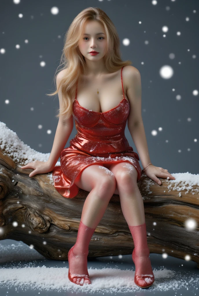 santatangsu,Realistic photo, 1girl, long flowing hair, fair skin, big breasts, bare shoulders, Christmas dress, (shiny pantyhose), long legs, red high heels, (sitting on a huge tree trunk) , (falling snow), snowing, in the snow,