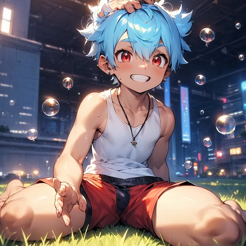 (solo:2), (boldline:-1.6), (illustration:1.5), (smoking:1.6), (((bubble))), (sitting on bench:1.5), (spread legs:1.5), (((fang))), (((best finger))), BREAK (best quality:1.5), (absolutely resolution:1.5), (ultra detailed:1.5), (masterpiece:1.5), (perfect face), (detailed face), (detailed eyes), (best eyes), ((cute face)), (shota:2.2), BREAK (topless:1.5), BREAK (red short pants:1.5), (see throgh wet clothes:1.3), (bulge:1.6), (skinny:1.3), BREAK (light blue hair:1.5), ((spiked hair)), BREAK (wine red eyes:1.4), (eyes with highlight:1.6), ((mole under eye)), (sweaty skin), (grin:1.3), ((earrings)), (shiny skin:1.3), BREAK (building:1.5), (at twilight:1.5), ((wind blowing)), ((nipple)), abs, groin, from below, wide angle,