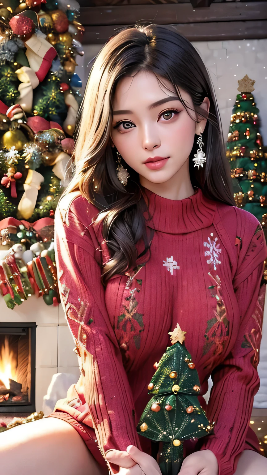 (( super high resolution forest background 、 super high resolution forest background で描かれたすべて、 big window:1.4、 Snowfall:1.4、 LOG HOUSE WITH HIGH CEILING :1.2)(Living room with fireplace、 a big tall Christmas tree :1.4)):background、8k wallpaper, RAW photos ,、 ( small smile :1.1)、( Big Breasts :1.4 )、( diamond earrings )、( One cute girl、)、( Dark Grey Gloss 々 long straight hair that makes underwear look beautiful:1.1 )、( hair:1.2)、Well-groomed upper and lower lashes 1.1、( Silver Eyes:1.2 )、 symmetrical depiction of both eyes :1.4、 unparalleled beautiful natural eye makeup:1.2、 lip gloss、 Beautiful Glossy Skin 、 cute blush smile 、Anatomically correct fingers:1.4、 top quality、 masterpiece :1.2、Portraiture、 perfect angle:1.2、Upper body photo:1.2、 CG Social :1.05、 professional photography, (She doesn't show her skin :1.2 Winter Sonata (Winter clothes Christmas tree colored sweater :1.4) 、layered blouse :1.4 )、( High Contrast)、