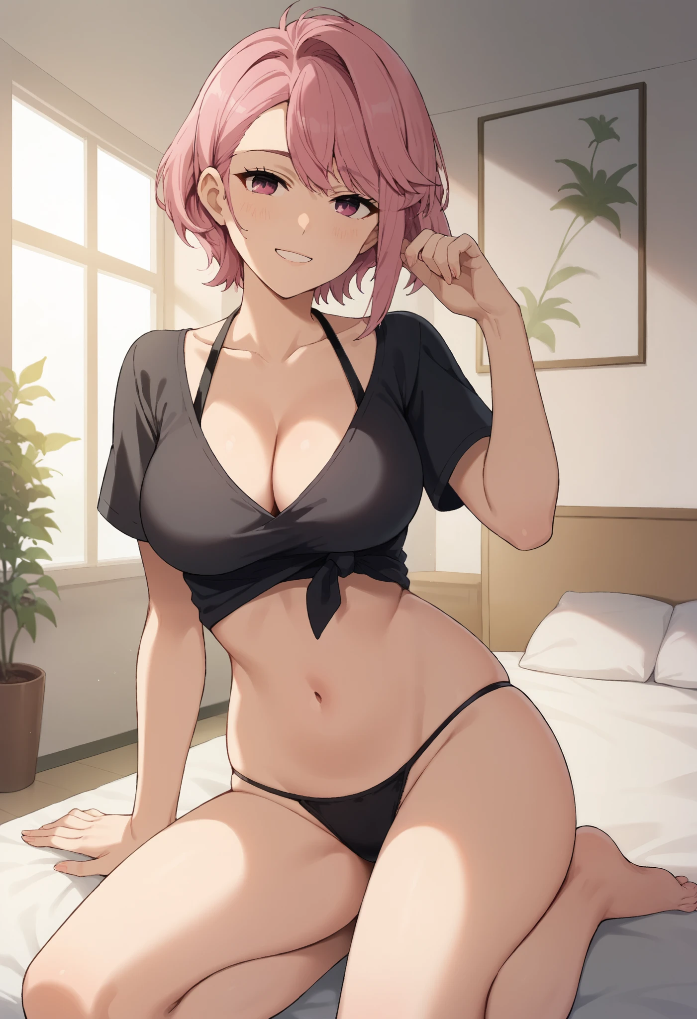 score_9, score_8_up, score_7_up, source_anime, 1girl, solo, looking at viewer, light smile, indoors, aira shiratori, pink hair, short hair, pink eyes, medium breasts, pink bedroom, CLEAVAGE, big breasts, red face, Black shirt，Black panties，（The bikini），butterflys，Strip Strip，（Trepical Garden：1.2），