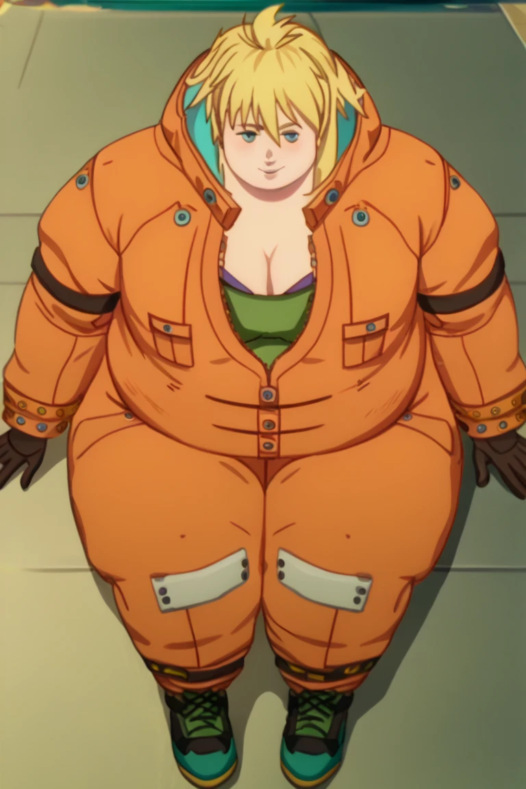 score_9, score_8_above, score_7_above,anime_source, source_anime, best background,  Detailed history , anime screencap, Nikaido, seductive body, Sensual, orange costume, whole body,  seductive smile ,  outdoor, cyberpunk, gordo, fatty, obese, sitting,  Resting , giant arms and legs,   