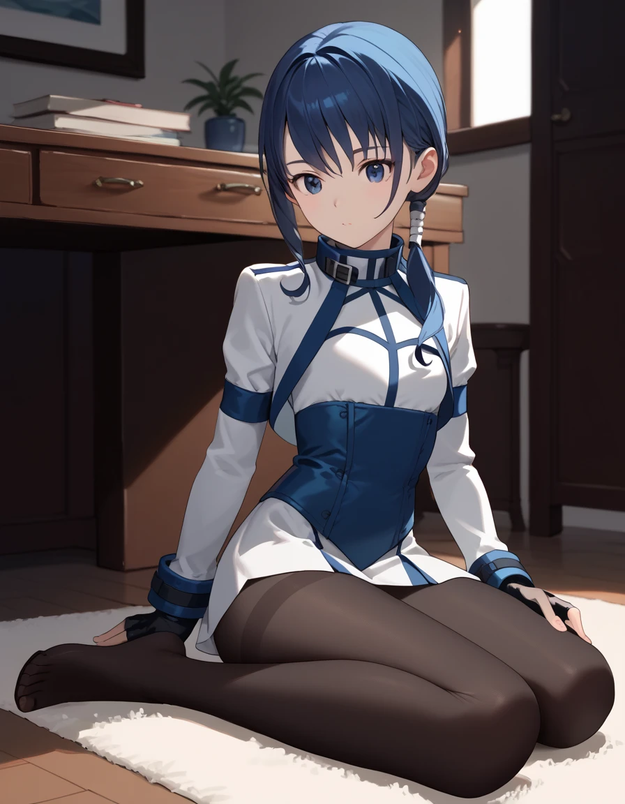 score_9, score_8_up, score_7_up, score_6_up, score_5_up, score_4_up, source_anime, flat chest, aamerry, long hair, low ponytail, blue hair, blue eyes, white short dress, long sleeves, fingerless gloves, black gloves, underbust, black pantyhose, on floor, indoors, :o, carpet, white lace panties, Stretch leg, sitting,