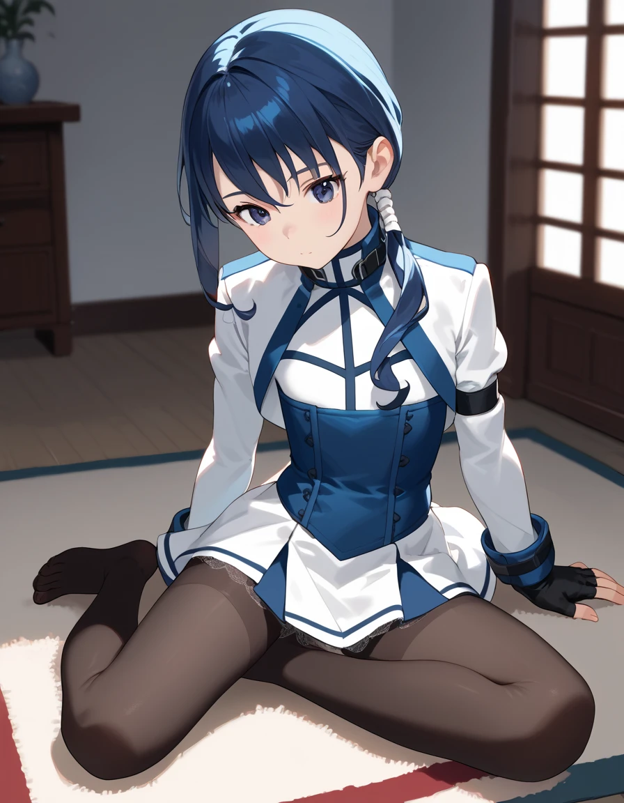 score_9, score_8_up, score_7_up, score_6_up, score_5_up, score_4_up, source_anime, flat chest, aamerry, long hair, low ponytail, blue hair, blue eyes, white short dress, long sleeves, fingerless gloves, black gloves, underbust, black pantyhose, on floor, indoors, :o, carpet, white lace panties, Stretch leg, sitting,