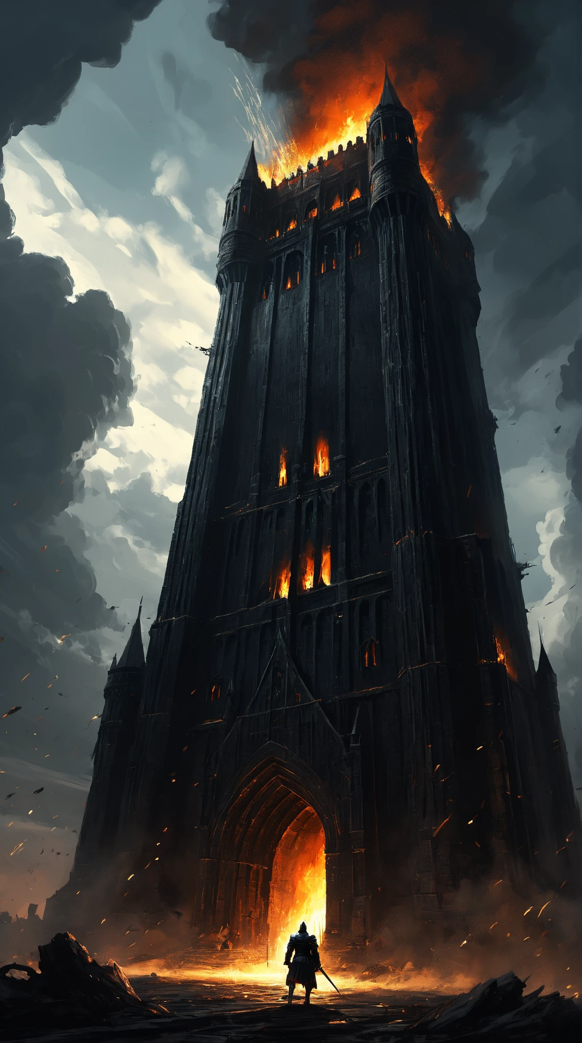 scenery picture in style (concept art:1.3) of a (gigantic black tower :1.3) with fire windows and doors, a small (silhouette:1.3) low-angle from-behind of a (knight:1.3), illustration, (splash art), wallpaper, {style of Benedick Bana|style of Christopher Balaskas|style of Noah Bradley}, burning the ground, senses of dread, (fantasy theme, epic vibe), set in medieval, knight final stand, (amazing background:1.3), (dramatic clouds), dark sky, (meteors fall), dramatic lighting, intricate detailed, cinematic, high-resolution image.