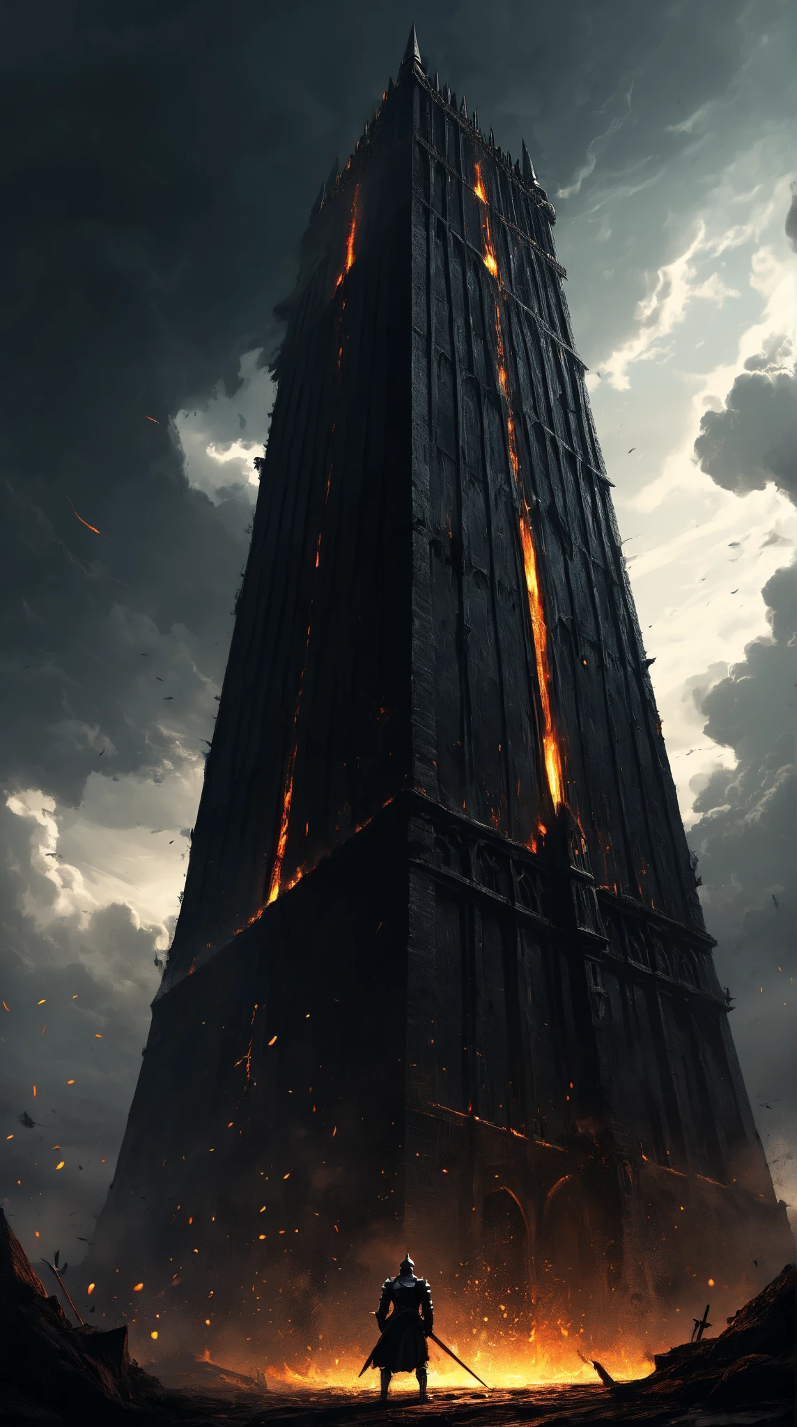 scenery picture in style (concept art:1.3) of a (gigantic black tower :1.3) with fire windows and doors, a small (silhouette:1.3) low-angle from-behind of a (knight:1.3), illustration, (splash art), wallpaper, {style of Benedick Bana|style of Christopher Balaskas|style of Noah Bradley}, burning the ground, senses of dread, (fantasy theme, epic vibe), set in medieval, knight final stand, (amazing background:1.3), (dramatic clouds), dark sky, (meteors fall), dramatic lighting, intricate detailed, cinematic, high-resolution image.