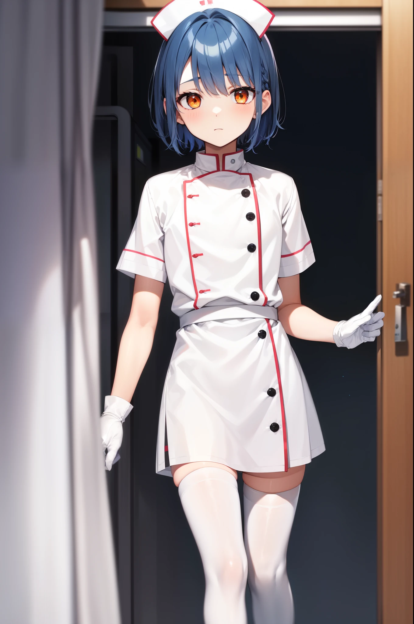 1boy, solo, male focus, nurse, white nurse cap, white nurse uniform, ((white legwear, zettai ryouiki)), white gloves, bobcut, blue hair, orange eyes, no impression, standing, ((hospital room)), sharp outline, short sleeves, shota, 12 years old, best quality, masterpiece
