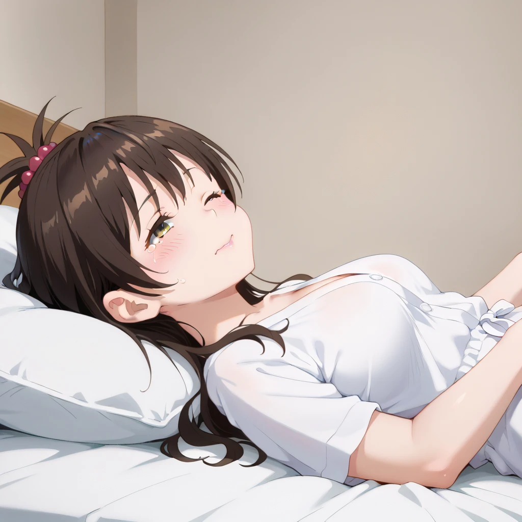  highest image quality taken by Ki、 High Quality 、(( full body shot ))girl, embarrassing, close eyes, red cheek,, white bathrobe, large breasts, dating, in dark hotel room, lie on back, bed, nsfw, orgasm, sex , man,A man takes off a woman&#39;s clothes, throw, crying face, shy face ,one eye closed,Assatis FIDE LOOK ,beautiful light of inspiration, Yukori Mitsugi,from side
