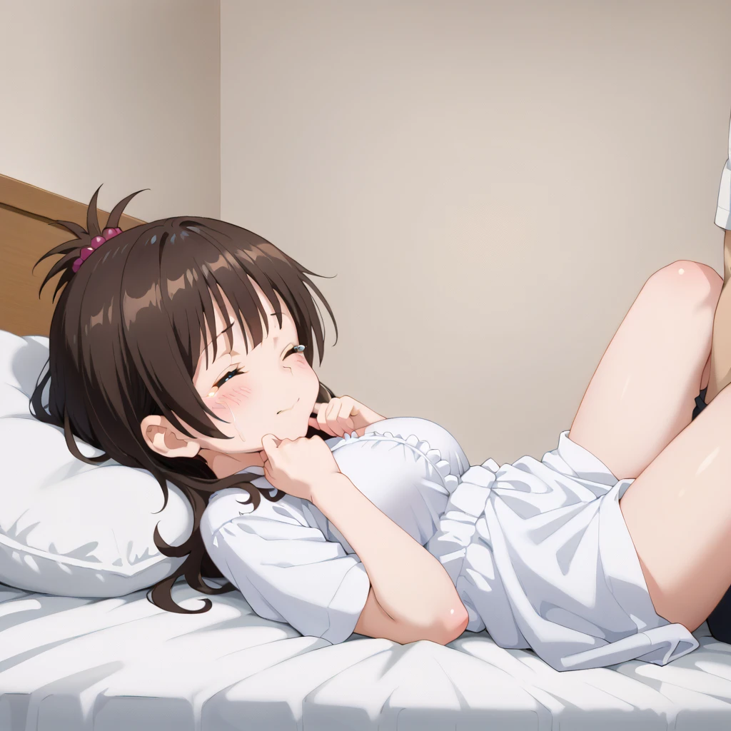  highest image quality taken by Ki、 High Quality 、(( full body shot ))girl, embarrassing, close eyes, red cheek,, white bathrobe, large breasts, dating, in dark hotel room, lie on back, bed, nsfw, orgasm, sex , man,A man takes off a woman&#39;s clothes, throw, crying face, shy face ,one eye closed,Assatis FIDE LOOK ,beautiful light of inspiration, Yukori Mitsugi,from side
