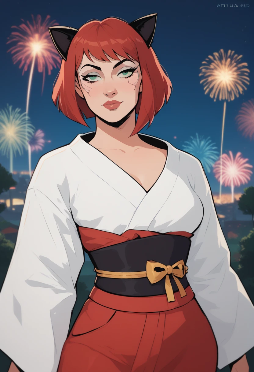 score_9, score_8_up, score_7_up, Western Comics, Cowboy Shot, girl, cute, seductive, innocent, light smile:0.3, plump lips, slender body, cat ears cyberpunk spy lord, kimono, bob hair, radiant color, pale turquoise and red hair, ghostly fantasy settlement in a Mudflat, night, fireworks background, depth of field, dynamic angle, fashion photography, sharp, hyperdetailed:1.15