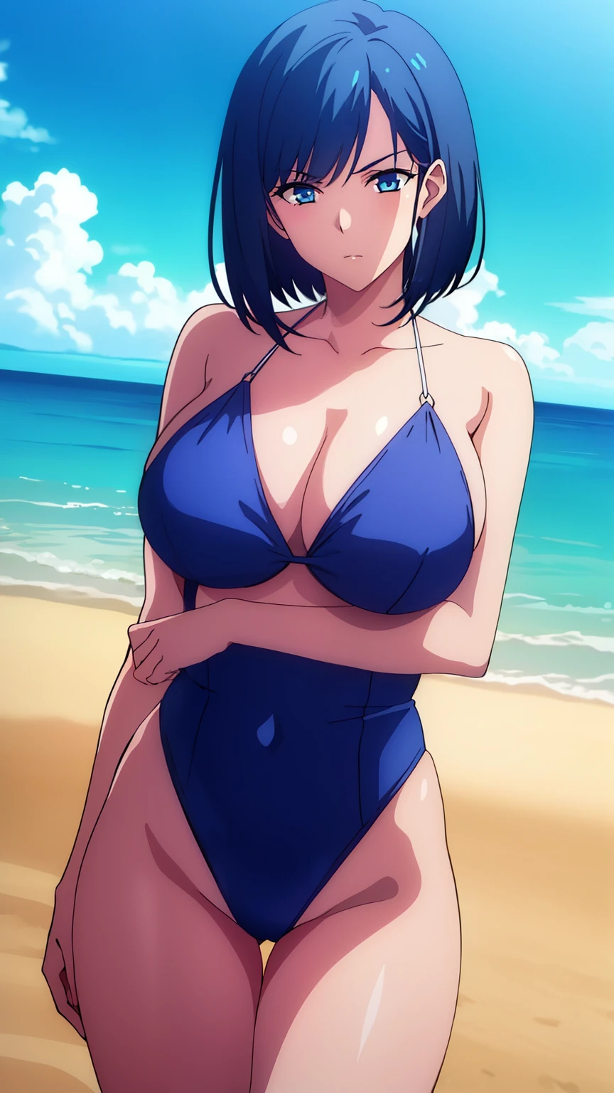 (masterpiece, best quality, high resolution, 8k:1.2), (anime coloring:1.2), highly detailed, tachibana, (large medium breasts:0.8), (glare), blue eyes, short hair, blue hair, bob cut, beautiful eyes, perfect eyes, fine eyes, brown eyes, featuring big highlights, detailed face, highly detailed, fine eyes, symmetrical eyes, (mature face1.3), one girl, alone, (swimsuit, thighs, beach, blue sky), looking at the viewer, in the center of the image, (beautiful_chest:1.0), (beautiful_face:1.2), (beautiful_waist:1.0), (cowboy shot), dutch angle,