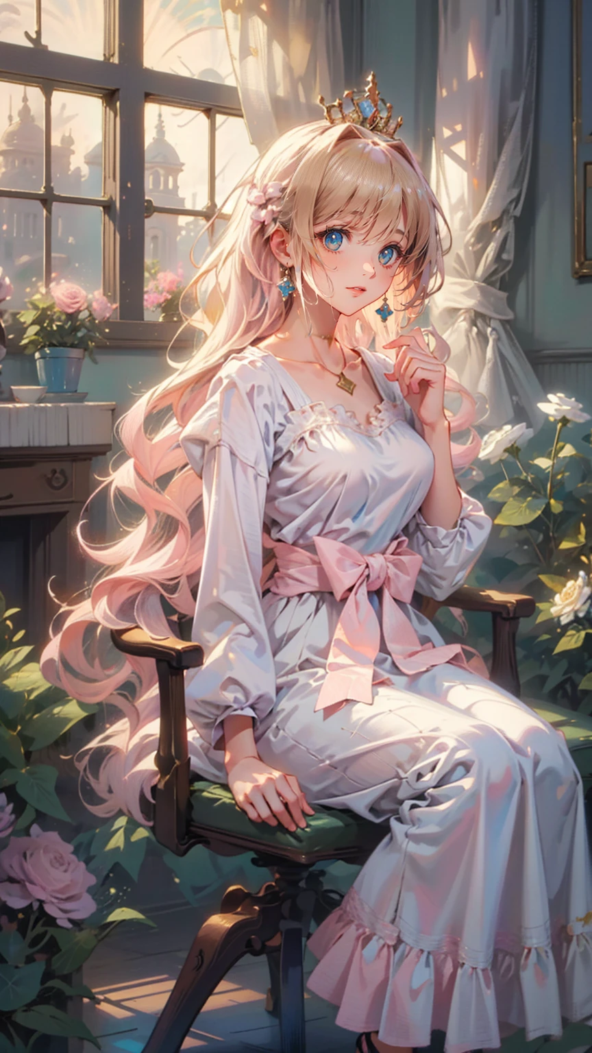 (8k, top quality, masterpiece : 1.2), Ultra-high definition ,,  Marie Antoinette  ,  super detailed face ,fine grain,  just the entrance to the basement of the castle  ,( blonde alone ),  long hair,  wavy hair  , break,Rococo Ruffle Dress,Long sleeve dress, Long skirt dress lying on a wooden boat  , Baroque Dress ,  intricate fantasy dress  , Luxurious and glamorous dress  ,  romantic dress, Ruffled Costume ,lottery, Data Style,  Formal wear, Fancy Fashion, palate colors include  pink and white,(  pink:1.5),Class A Smile, Gold Tiara ,  necklace , Sit in a fancy chair,  you have to tie your hands behind your back  ,(  rainbow light  :1.4),,  the side face of a person looking out of the window  ,  a rosebush is reflected in the window  ,(Inside Victoria Palace)、Her eyes are shining、 now her blonde alone's hair extends to her waist 、Rose-colored gradation and three, 薄い  pinkのロック. 彼女は花柄の装飾が施された Gold Tiara を着用し、 Matching earrings  , white flower choker. 彼女は金色のボタンで縁取られたフリル付きの白いストライプの  pinkのトップを着ている,  The white sleeves are in the shape of a bud  ..  dress with magenta ribbon flowing out of her chest  ..、 At the back of her neck  、Matching chest piece, Decorated with flowers.  Her ruffled skirt is divided by a white line  ,  Fastened with a large magenta ribbon  、Decorated with gold,  There is a small ribbon on the back  . Her mini skirt、薄い  pinkのマゼンタの貝殻状の裏地と白い花のペチコートでできている. 彼女は  pinkの花がついた白い手袋も着用している, 白と薄い  pinkの靴には、ゆるいカフとDecorated with flowersたマゼンタのリボンがある.
