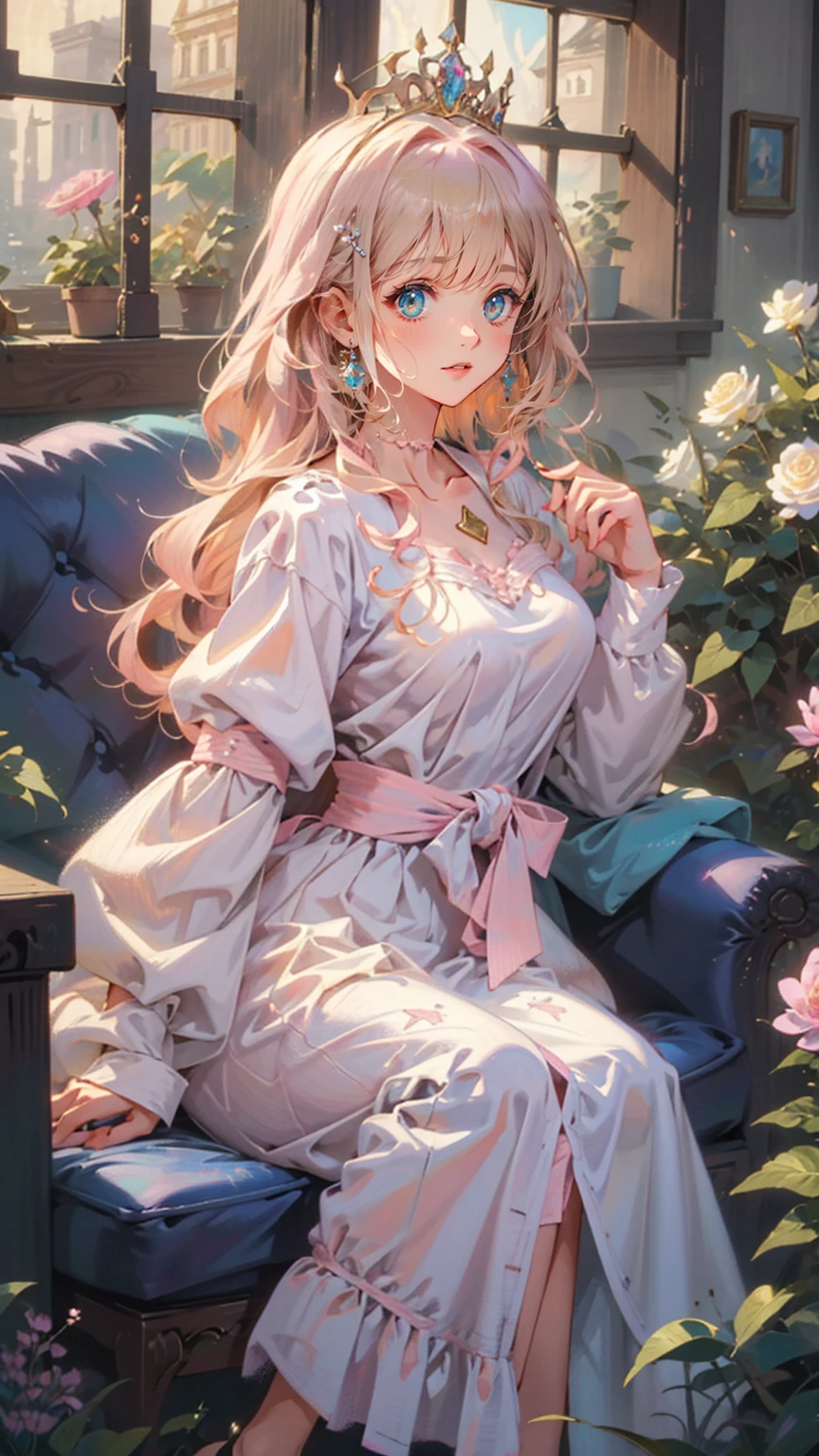 (8k, top quality, masterpiece : 1.2), Ultra-high definition ,,  Marie Antoinette  ,  super detailed face ,fine grain,  just the entrance to the basement of the castle  ,( blonde alone ),  long hair,  wavy hair  , break,Rococo Ruffle Dress,Long sleeve dress, Long skirt dress lying on a wooden boat  , Baroque Dress ,  intricate fantasy dress  , Luxurious and glamorous dress  ,  romantic dress, Ruffled Costume ,lottery, Data Style,  Formal wear, Fancy Fashion, palate colors include  pink and white,(  pink:1.5),Class A Smile, Gold Tiara ,  necklace , Sit in a fancy chair,  you have to tie your hands behind your back  ,(  rainbow light  :1.4),,  the side face of a person looking out of the window  ,  a rosebush is reflected in the window  ,(Inside Victoria Palace)、Her eyes are shining、 now her blonde alone's hair extends to her waist 、Rose-colored gradation and three, 薄い  pinkのロック. 彼女は花柄の装飾が施された Gold Tiara を着用し、 Matching earrings  , white flower choker. 彼女は金色のボタンで縁取られたフリル付きの白いストライプの  pinkのトップを着ている,  The white sleeves are in the shape of a bud  ..  dress with magenta ribbon flowing out of her chest  ..、 At the back of her neck  、Matching chest piece, Decorated with flowers.  Her ruffled skirt is divided by a white line  ,  Fastened with a large magenta ribbon  、Decorated with gold,  There is a small ribbon on the back  . Her mini skirt、薄い  pinkのマゼンタの貝殻状の裏地と白い花のペチコートでできている. 彼女は  pinkの花がついた白い手袋も着用している, 白と薄い  pinkの靴には、ゆるいカフとDecorated with flowersたマゼンタのリボンがある.
