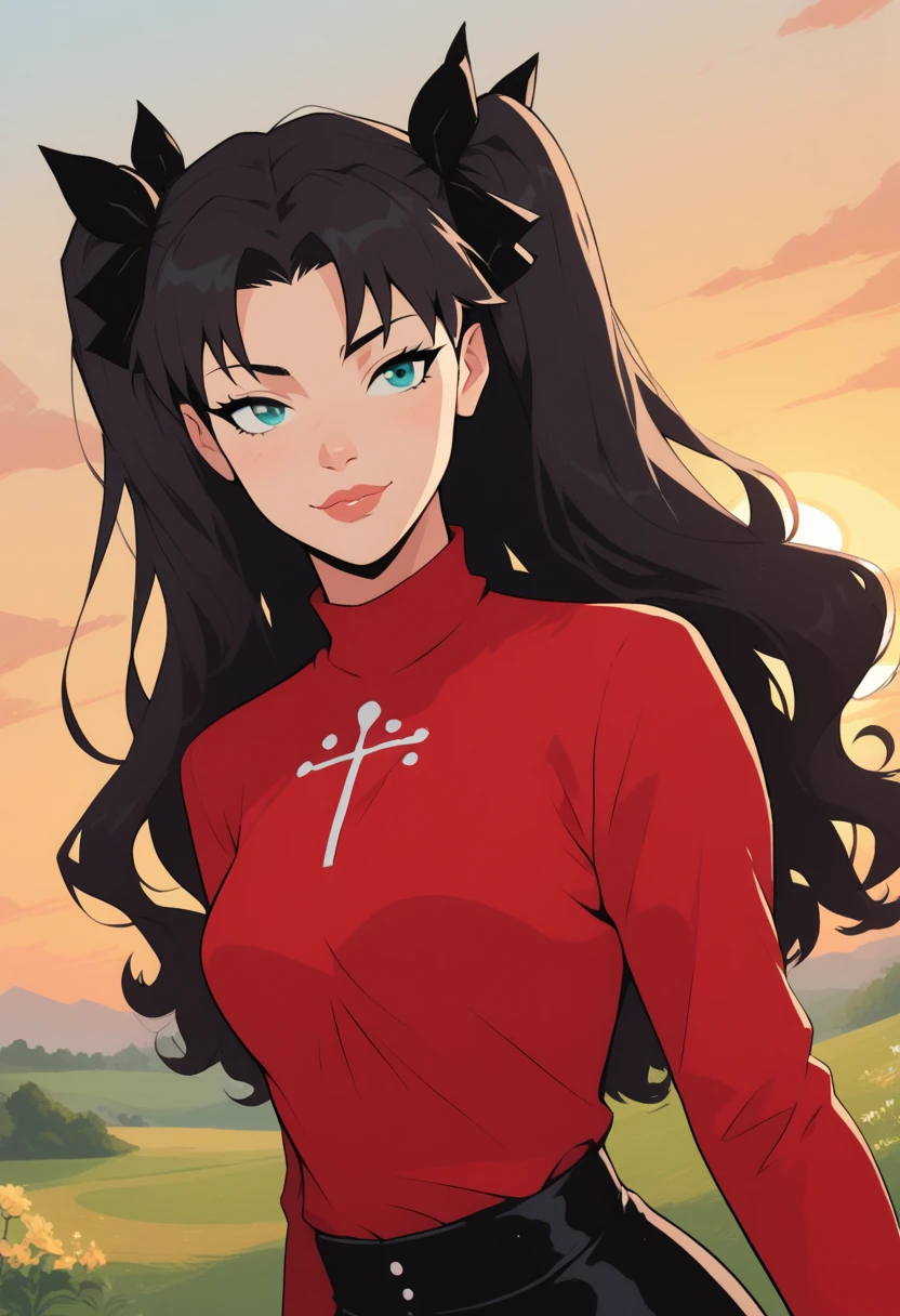 score_9, score_8_up, score_7_up, Western Comics, Portrait, Rin Tohsaka, cute, seductive, innocent, light smile:0.3, plump lips, slender body, aqua eyes, long wavy black hair, twin tails tied with black ribbons, red turtleneck, sunset, buddhist temple background, depth of field, dynamic angle, fashion photography, sharp, hyperdetailed:1.15