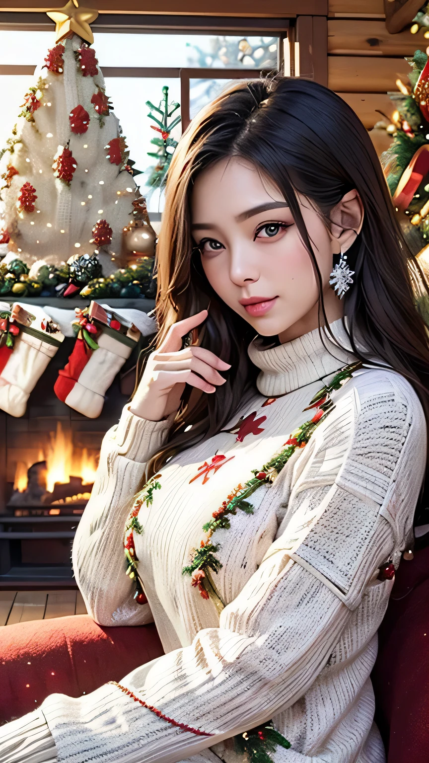 (( super high resolution forest background 、 super high resolution forest background で描かれたすべて、 big window:1.4、 Snowfall:1.4、 LOG HOUSE WITH HIGH CEILING :1.2)(Living room with fireplace、 a big tall Christmas tree :1.4)):background、8k wallpaper, RAW photos ,、 ( small smile :1.1)、( Big Breasts :1.4 )、( diamond earrings )、( One cute girl、)、( Dark Grey Gloss 々 long straight hair that makes underwear look beautiful:1.1 )、( hair:1.2)、 Well-groomed upper and lower lashes 1.1、( Silver Eyes:1.2 )、 symmetrical depiction of both eyes :1.4、 Unparalleled Beautiful Natural Eye Makeup :1.2、 lip gloss、 Beautiful Glossy Skin 、 cute blush smile 、Anatomically correct fingers:1.4、 top quality、 masterpiece :1.2、Portraiture、 perfect angle:1.2、Upper body photo:1.2、 CG Social :1.05、 professional photography, (She doesn't show her skin :1.2 Winter Sonata (Winter clothes Christmas tree colored sweater :1.4) 、layered blouse :1.4 )、( High Contrast)、