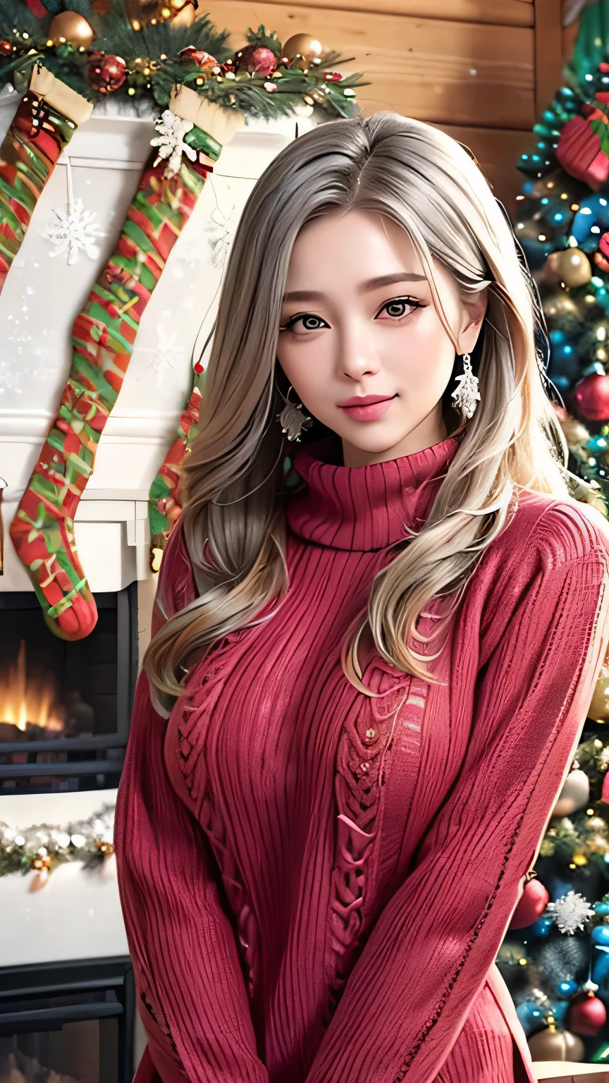 (8K Portrait:1.1、RAW Photos, of the highest quality, Masterpieces: 1.2)、(The ultra -The high-definition:1.1)、(portraitures, high resolution RAW color photos, Professional Photos)、Super Resolution、(Realistic, Real Photos: 1.3),1 persons、super detailed, highly detailed and beautiful, Highly detailed, Amazing details、Cute beautiful woman with perfect body: 1.4、Slim big: 1.2、Full body image、shinny skin、Glossy lips、High-definition face and skin texture、A detailed eye、二重まぶた、(5 Hands、Human hand)、Highly detailed and focused chest、((Gray hair color、Longhaire、Curled Hair)), ((Breast H Cup:1.2, very large breast:1.2、Too large breasts:1.2、Bursting breasts))、((voluptuous breasts:1.3))、((young skin))、((skin has a lot of water))、(High Definition Breast、happy facial expression), (ビッグダイヤモンドa necklace)、((a necklace))、((Black coat))、(((off shoulder red sweater:1.2)))、((See-through-Panty:1.2))、((tights))、((natta、illuminations、Christmas tree、Christmas Ornaments、Christmas))、 ((is standing))、((Focus on women))