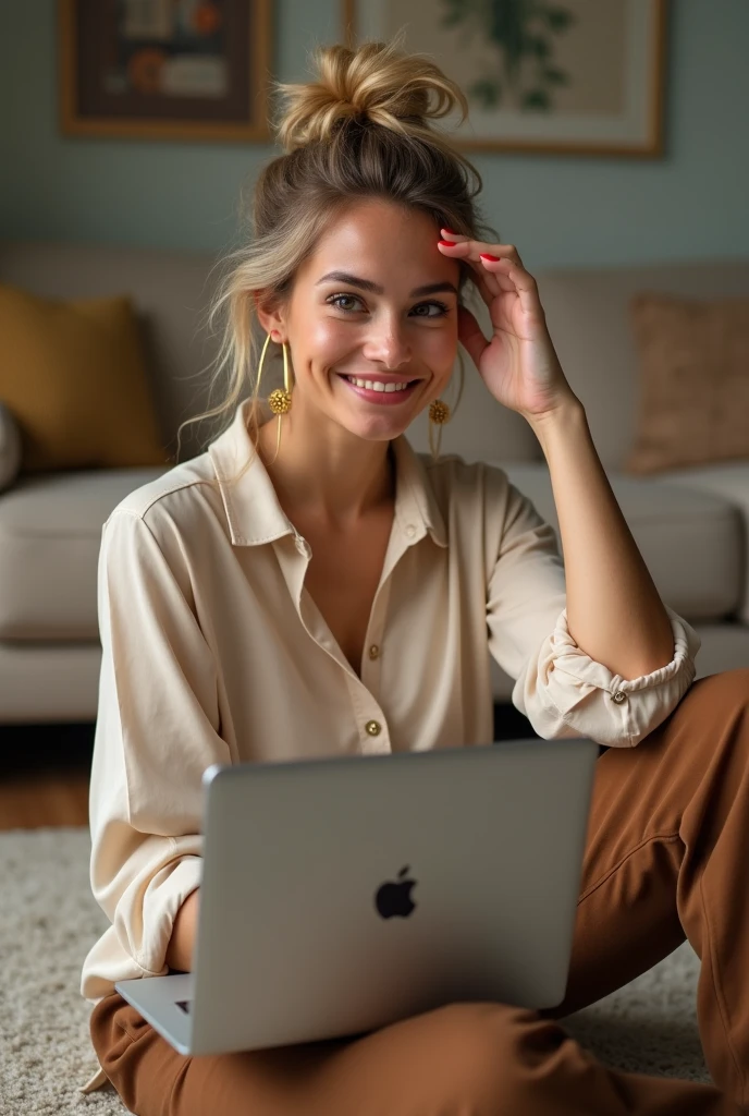 A beautiful and sexy young woman in her 30s, sitting on a sofa towards the camera and looking at a laptop, the laptop is on her lap, she is typing something and smiling, evening time, Leather sofa, sexy short silk pajamas, huge breasts, very hot woman, beautiful face, sexy sporty legs, busty woman