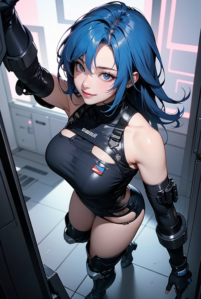 Leona Heidern, a fierce warrior with striking blue hair, emerging from the shadows. (dynamic lighting, pose dramatique, action-packed, ombres profondes, Combats intenses, anime-inspired)