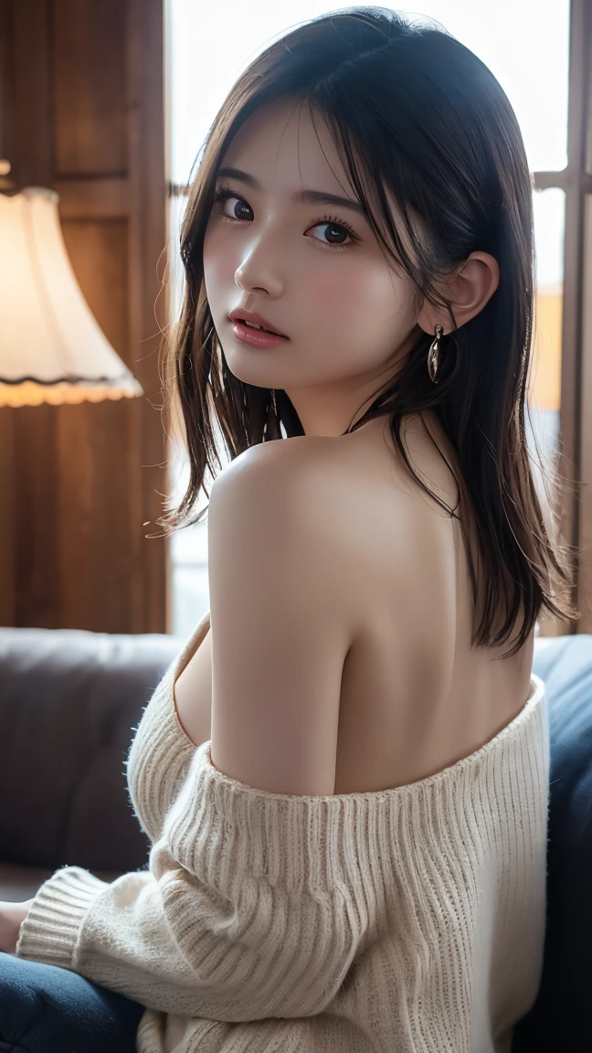 (Highest quality:1.4),(masterpiece:1.4),(Realistic:1.4),(Realistic:1.2),(超High resolution, RAWphotograph:1.4),(High resolution, Very detailed:1.2),(8k:1.2),View your audience,photograph,One Girl,skeletally correct,Black-haired woman,(Small earrings,necklace,Brown knit long off-shoulder sweater、Big Breasts、naked, Beautifully shaped collarbone,naked Deep Cleavage、View from the front),(Inside the Western-style building,Dimly lit room,The lamplight shines on my cheeks,Sit on the sofa)