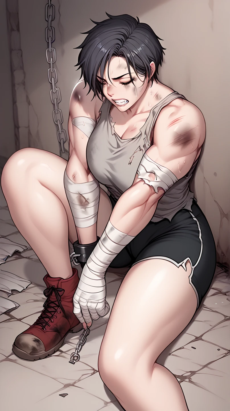 A muscular huge woman with black short hair, wearing a ripped tank top and dirty black shorts, bruises, bandages on arms, chains tied on wrists, sitting on the ground inside the dirty jail, grit teeth, looking psycho and mad. 