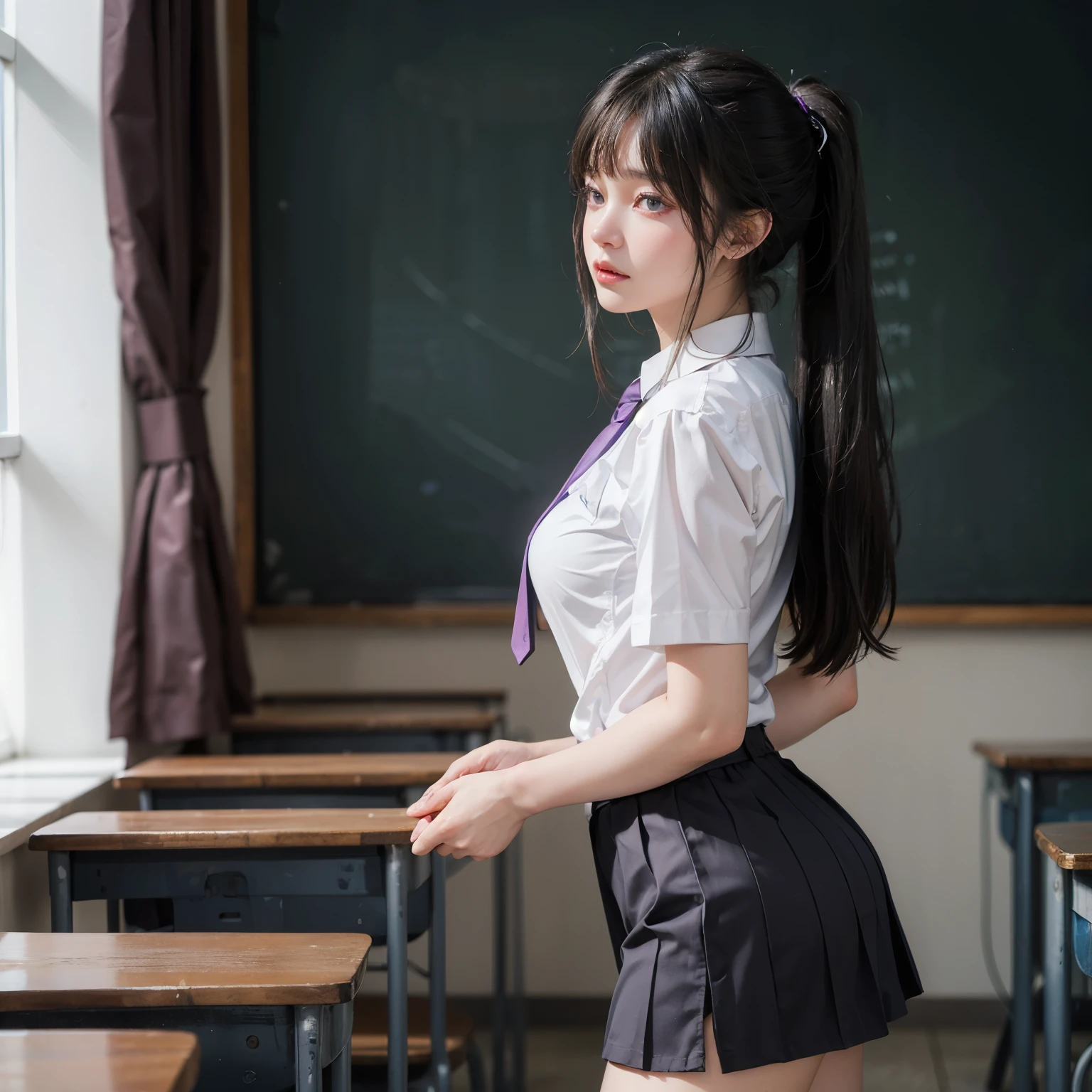 A girl sitting on a desk in a classroom with a chalkboard, beautiful high school girl, seductive girl, a hyperrealistic schoolgirl, hyperrealistic schoolgirl uniform, beautiful anime girl squatting, short skirt
