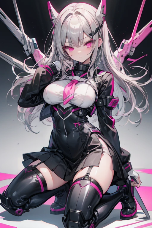 {{{A Masterpiece, best qualit, illustartion,game_cg}}}, 1girl, Latex tights,Pink tights, Engraved tights, {{{Breast out}}}, Pink pubic hair, headphone, twintail, shiny clothes, all over the body, hair bangs, Long pink double tail, Blushlush, gauntlets, Impossible clothes, latex, latex bodysuit, Short jacket, skin tight, Shrug\(Dresses\), medium breast, slim waist, Perfect body, Slim legs, long sleeve, looking at viewers, Pink eyes, Simple background, skin tight, Smileing, solo, posing in, hair long, White gloves, white hair --auto