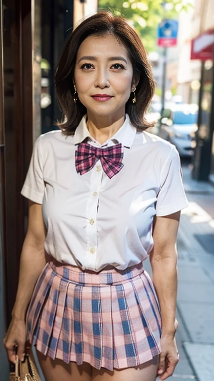 full body shot, from below,  Japanese woman with a viewing angle of, Wife, (78 years old:1.6),  detailed face , Facial wrinkles, Wrinkles around the eyes, smile,  detailed skin texture,  white skin,  heavy makeup ,  long hair, (curvy body, saggy breasts), (earrings, school uniform, short sleeve shirt, summer style with light fabric, bow tie, pink mini skirt, plaid pleated mini skirt:1.2), ( wearing high heels:1.2), (Standing on the sidewalk,  photograph the whole body from toe to head:1.2), (surrealism, best quality, ultra detailed, absolutely resolution, 8k, anatomically correct), depth of field, looking at viewer, tachi-e, (gal.safetensors), (bimajo ), full body, arms up 