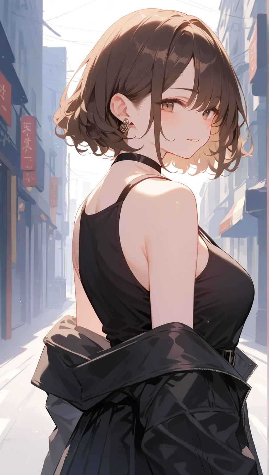 Portrait of a Woman ,20 years,Chinese,Upper Body,Chinese clothes,Shanghai Street,Cinema Lighting,Fighting Pose, (Short brown hair), Wet Hair,Staring at us from the front,Beautiful brown hair, Clear brown eyes, Slightly chubby,Small breasts,The butt is small