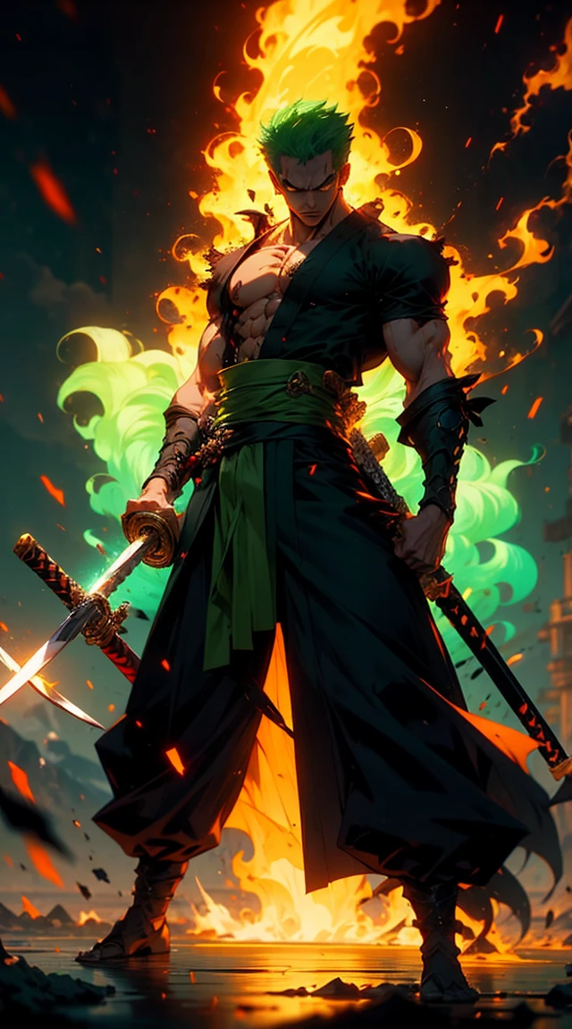 A hyper-detailed, full-body anime-style depiction of Roronoa Zoro from *One Piece*. Zoro is standing confidently, facing the viewer with a fierce expression. His green hair is slightly messy, framing his scarred face, including the iconic vertical cut over his left eye. Dressed in a dark green kimono tied with a yellow obi, his muscular build is emphasized. He bites the hilt of a katana angled to the right, with two other swords sheathed at his waist. Vibrant green and black energy auras surround him, creating a dynamic, otherworldly atmosphere against a tranquil Japanese landscape.