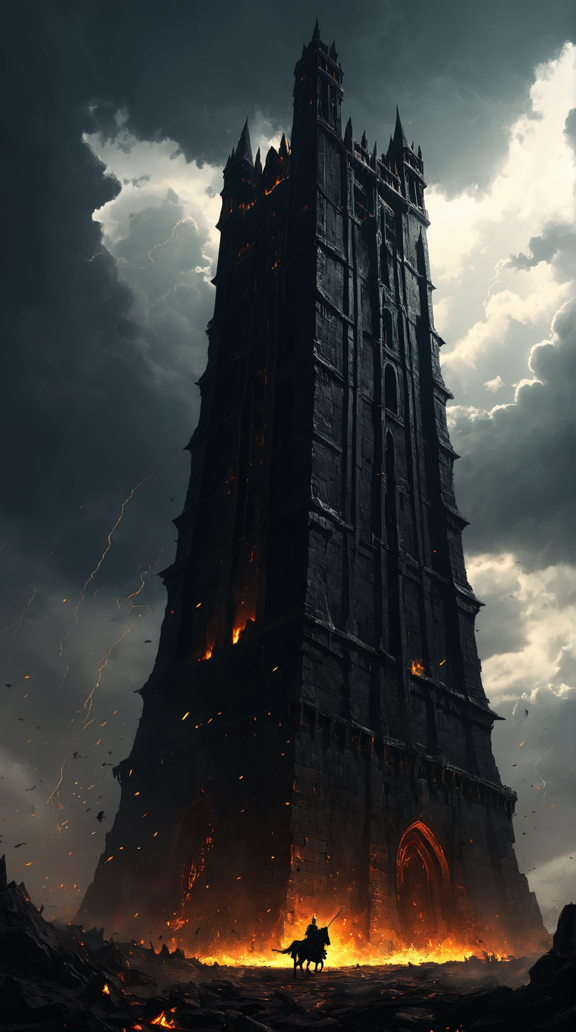 scenery picture in style (concept art:1.3) of a (gigantic black tower :1.3) with fire windows and doors, a small (silhouette:1.3) low-angle from-behind of a (knight:1.3), illustration, (splash art), wallpaper, {style of Benedick Bana|style of Christopher Balaskas|style of Noah Bradley}, burning the ground, senses of dread, (fantasy theme, epic vibe), set in medieval, knight final stand, (amazing background:1.3), (dramatic clouds), dark sky, (meteors fall), dramatic lighting, intricate detailed, cinematic, high-resolution image.