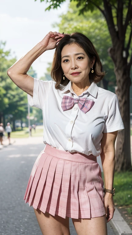 full body shot, from below,  Japanese woman with a viewing angle of, Wife, (78 years old:1.6),  detailed face , Facial wrinkles, Wrinkles around the eyes, smile,  detailed skin texture,  white skin,  heavy makeup ,  long hair, (curvy body, saggy breasts), (earrings, school uniform, short sleeve shirt, summer style with light fabric, bow tie, pink mini skirt, plaid pleated mini skirt:1.2), ( wearing high heels:1.2), ( standing in the park,  photograph the whole body from toe to head:1.2), (surrealism, best quality, ultra detailed, absolutely resolution, 8k, anatomically correct), depth of field, looking at viewer, tachi-e, (gal.safetensors), (bimajo ), full body, arms up 