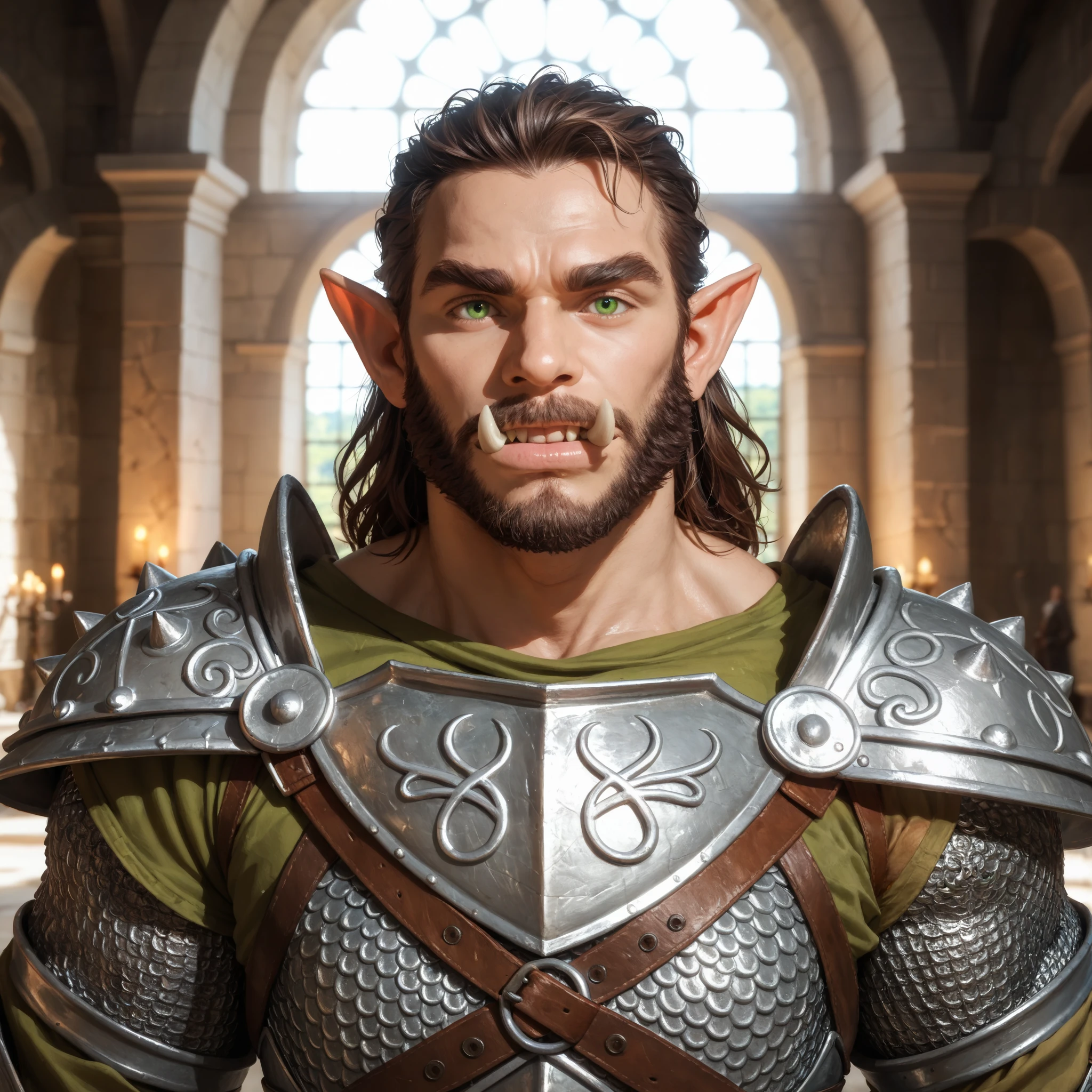 Portrait of a (male) half-orc warrior, front view, (medium shot:1.3), one person standing, stooped build, tall and muscular build, long messy dark brown hair and beard, thick bushy eyebrows
BREAK
green eyes
BREAK
olive brown skin, pointed ears, (huge wide hyper-masculine lower jaw:1.5), (2 small orcish lower jaw tusks pointed upwards:1.2), (Dungeons and Dragons orcish features:1.1)
BREAK
wearing fantasy world costume of green and brown clothing under chainmail armor with a metal breastplate, realistic background of a fantasy world, (Dungeons_and_Dragons:1.2), (Game_of_Thrones), castle stone ruin, realistic, (photorealistic:1.3), light reflection