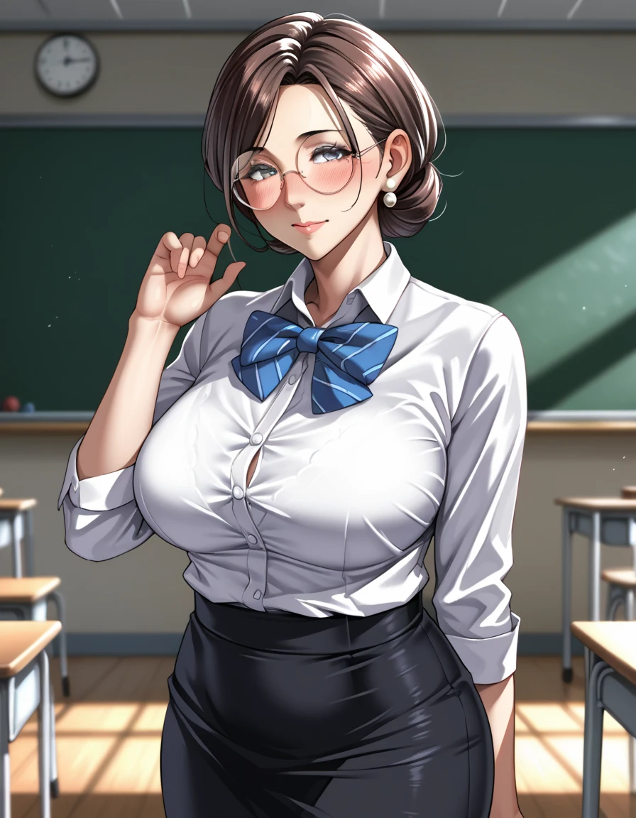 super high definition ,8k,score_9,Source_anime, blouse, milf, blush, classroom, (from side:0.1), looking at viewer, bowtie, round eyewear, pencil skirt,