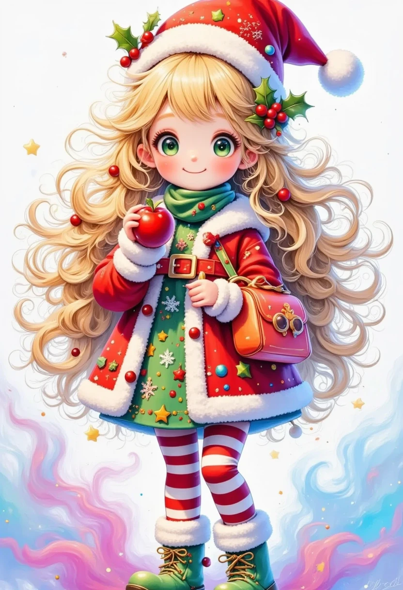  a cute anime girl wearing a Christmas hat, Holding an apple, She has long blonde hair,  Green Eyes , Dark eyeshadow, freckle,  wearing a dress with Christmas elements , green ankle boots ,  Highly detailed , 3D Rendering,  neon smoke {x} surrealism, 1.37 scale,  exaggerated body proportions ,  studio lighting , Bokeh, masterpiece