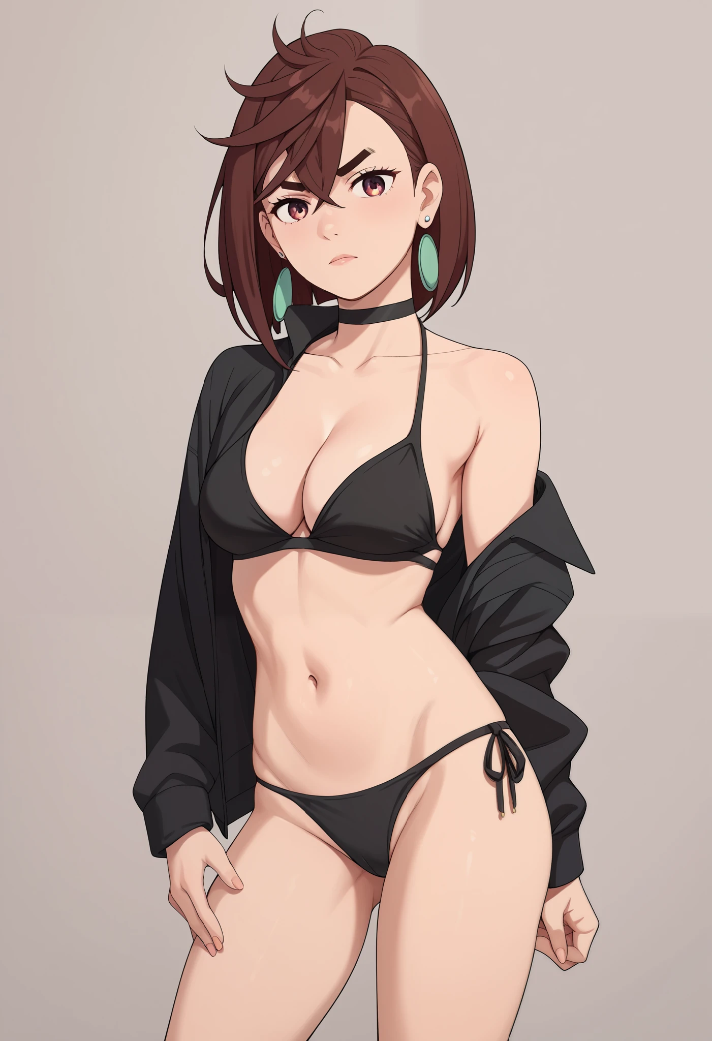 momo ayase, short hair, brown hair, brown eyes, bangs, thick eyebrows, medium breasts, Black shirt,Black panties,(The bikini),butterflys,Strip Strip,(Trepical Garden:1.2),earrings, CLEAVAGE, red face
