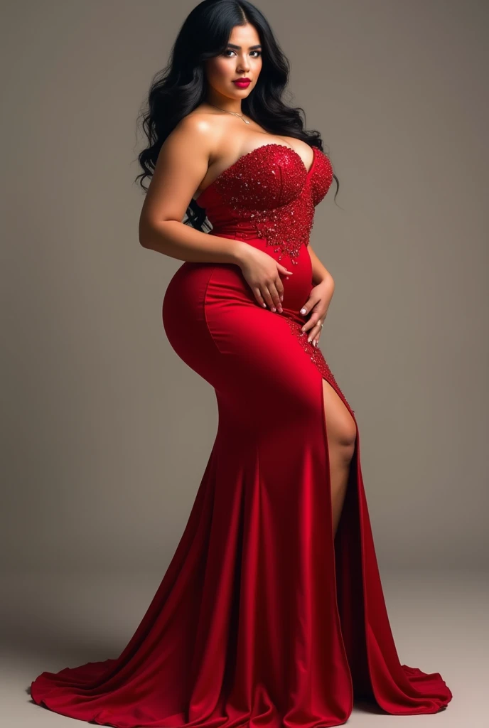 busty 25 year old brunette, long hair, wearing elegant gown in hotel lobby