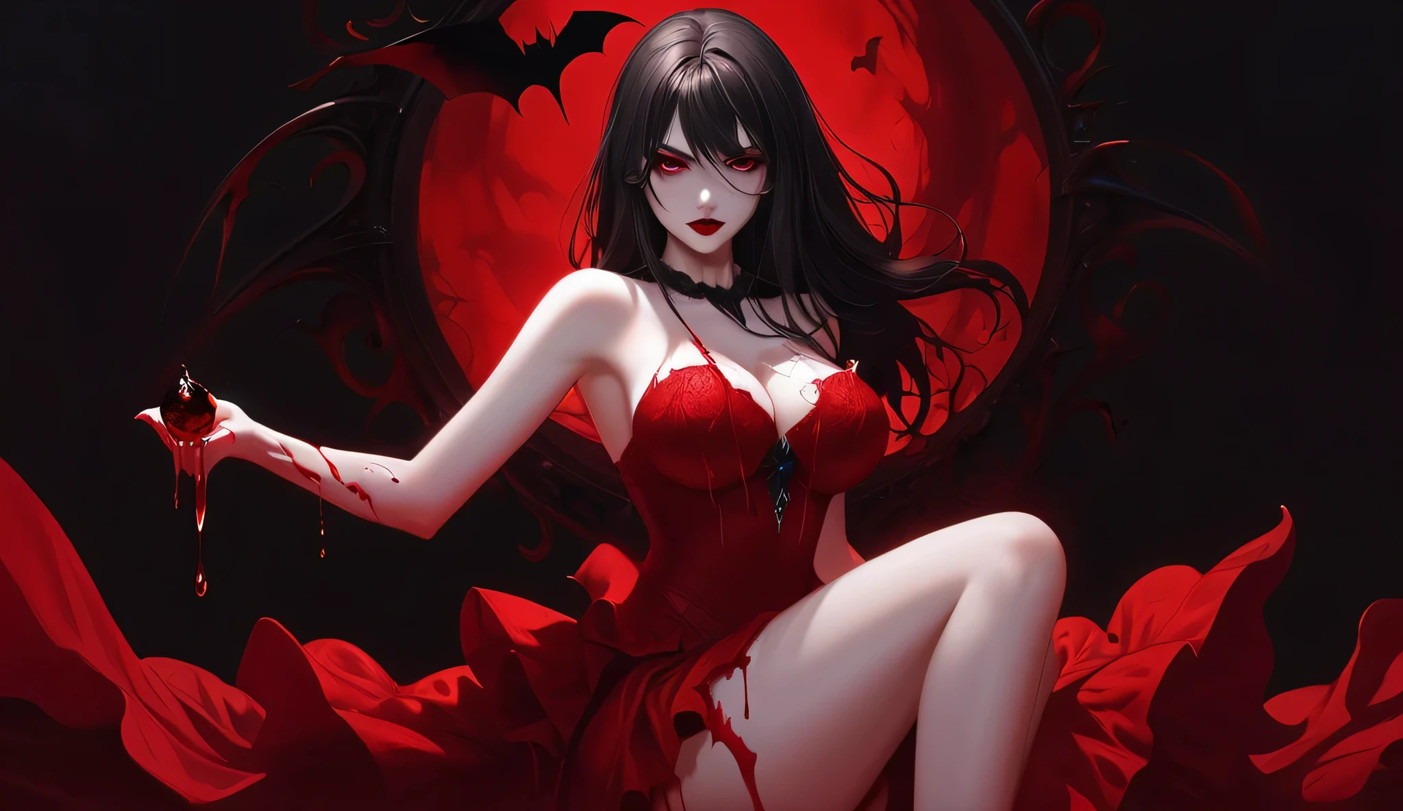 girl with big boobs ,height 175cm,Vampire,red lips , a drop of blood flowing from the chest,in a red ripped dress, flashlight ,bare knees and calf,Gothic