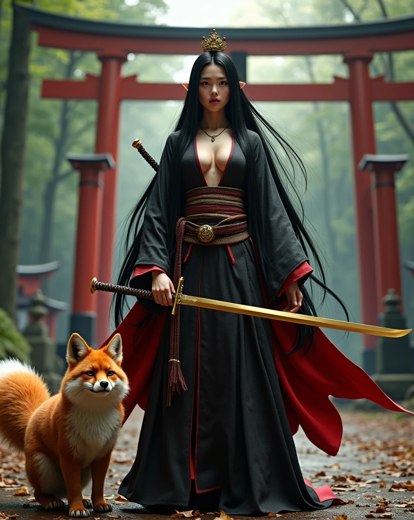  Masterpiece, Anatómicamente correcto,  high resolution ,  The Best Quality ,  tall details ,  Japanese female priestess with very long black hair , with huge breasts, her upper attire is very low cut .  She wears a golden katana clutched with both hands .  Next to her a very large Kurama fox with 9 tails the stage is the huge gate of a Japanese temple in a forest (8k octane, C4D, Hyperrealism, )