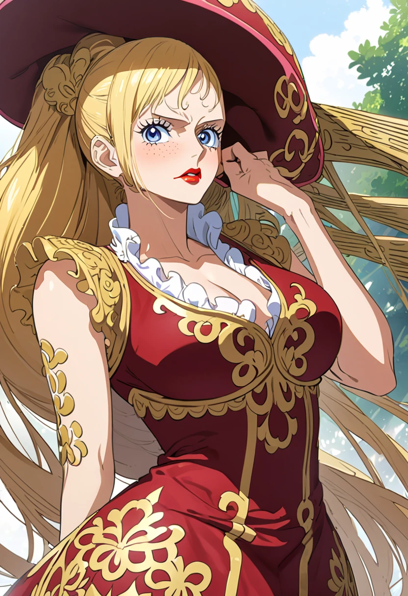 anime, anime one piece,  Female character ,  very long hair ,  light blond hair, Long FRINGE,  hair tied in a ponytail,  subtle freckles on the cheekbone,  light blush on the cheekbone ,  red lips ,  Blue Eyes,  Big breasts , very pretty face ,  high resolution, Necessary, wearing burgundy pants , burgundy shirt with a V-neck and sleeves that go up to the elbow with ruffle details and gold embroidery, long boots that go up to the thigh.,  sunny day 