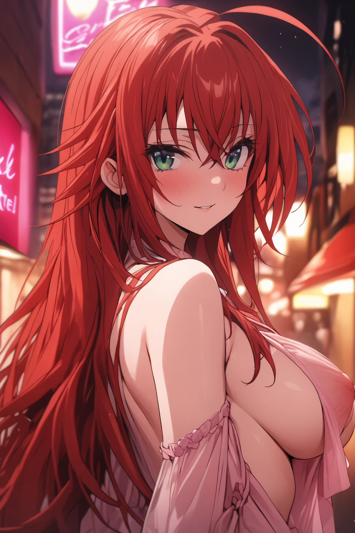 NSFW,masterpiece, top quality, high definition , very detailed, Rias Gremory、Huge ahoge、 long hair、Hair between the eyes、 green eyes、Red Hair,(Prostitute),Love Hotel at Night