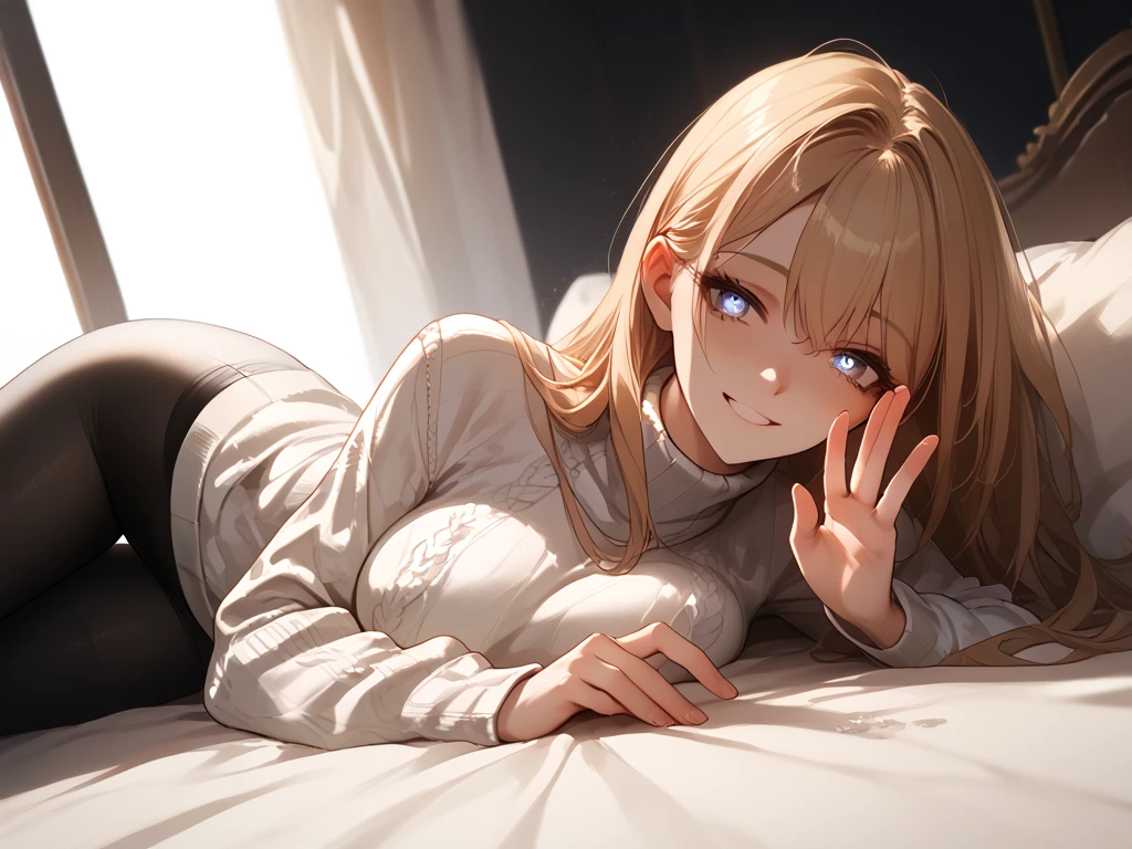 a long haired blond petite anime girl, big breasts, slim body, white sweater, black transparent leggings dripping, smile, the man is laying on the bed eyes wide open, she's on him, shushing gesture, side angle,