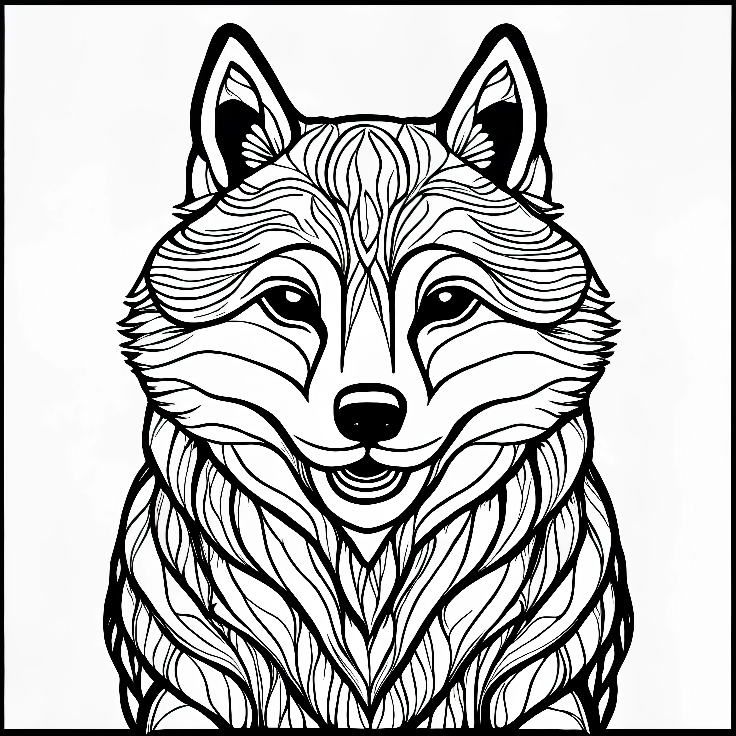 coloring page for adults. [Shiba Inu] head with mandala pattern, in the style of thick lines. low details. no shading