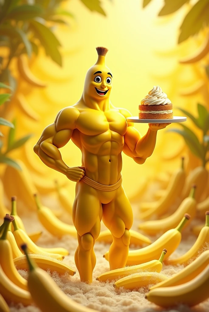 Banana shaped muscular athletic male lifting weights and wearing sunglasses, On his chest the name BANANA inside a coin,surrounded by athletic female bananas happily admiring the weightlifter