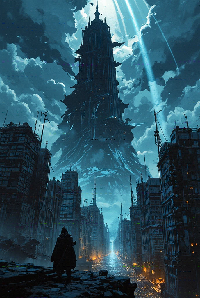 A view from the top of the Dark Tower looking down to the ground. A dynamic illustration. Large rocks and rubble are shown raining down towards the ground, which is crowded with buildings that appear small. The perspective emphasizes the enormous scale and power of the tower, creating a sense of vertigo and height. The overall atmosphere is dramatic and awe-inspiring.